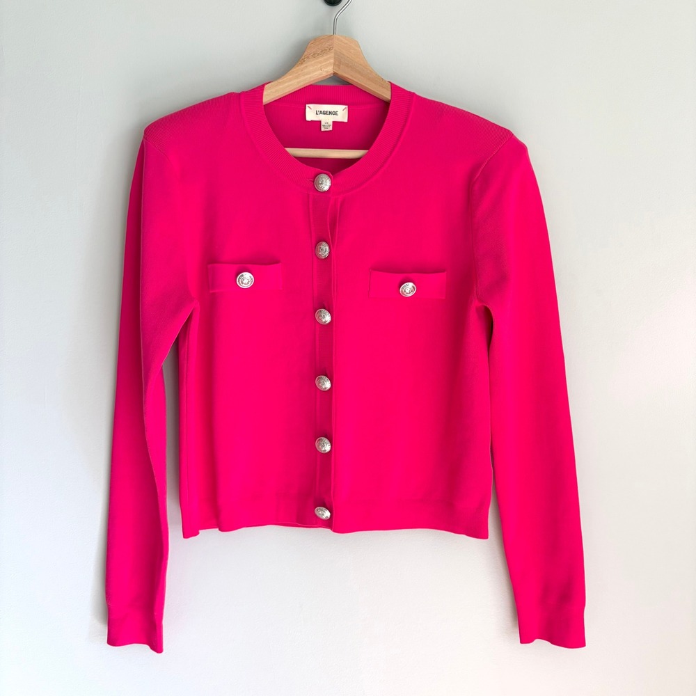 L'AGENCE Pink Toulouse Crop Crew Neck Cardigan Size Large Ribbed Knit Luxury